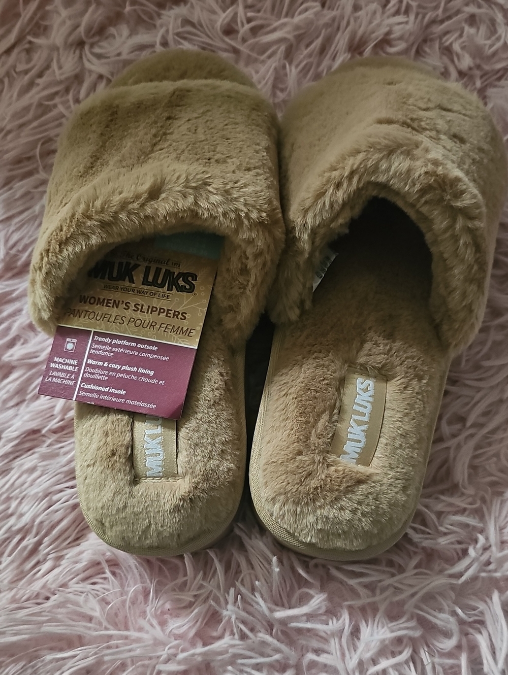 NEW Muk Luks Faux Fur Slide Slippers in Camel Brown